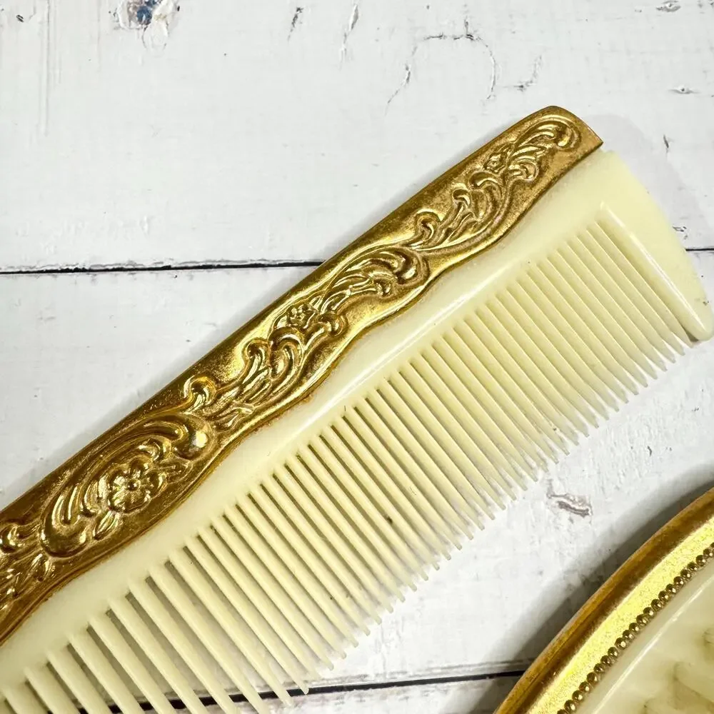 Vintage Gold Tone Brush & Comb Vanity Set Celluloid EUC Art Deco Style READ